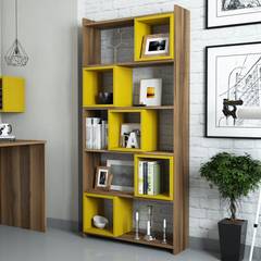 Quadratisches Bücherregal Iussit H170 cm Melamin Nussbaum und Gelb