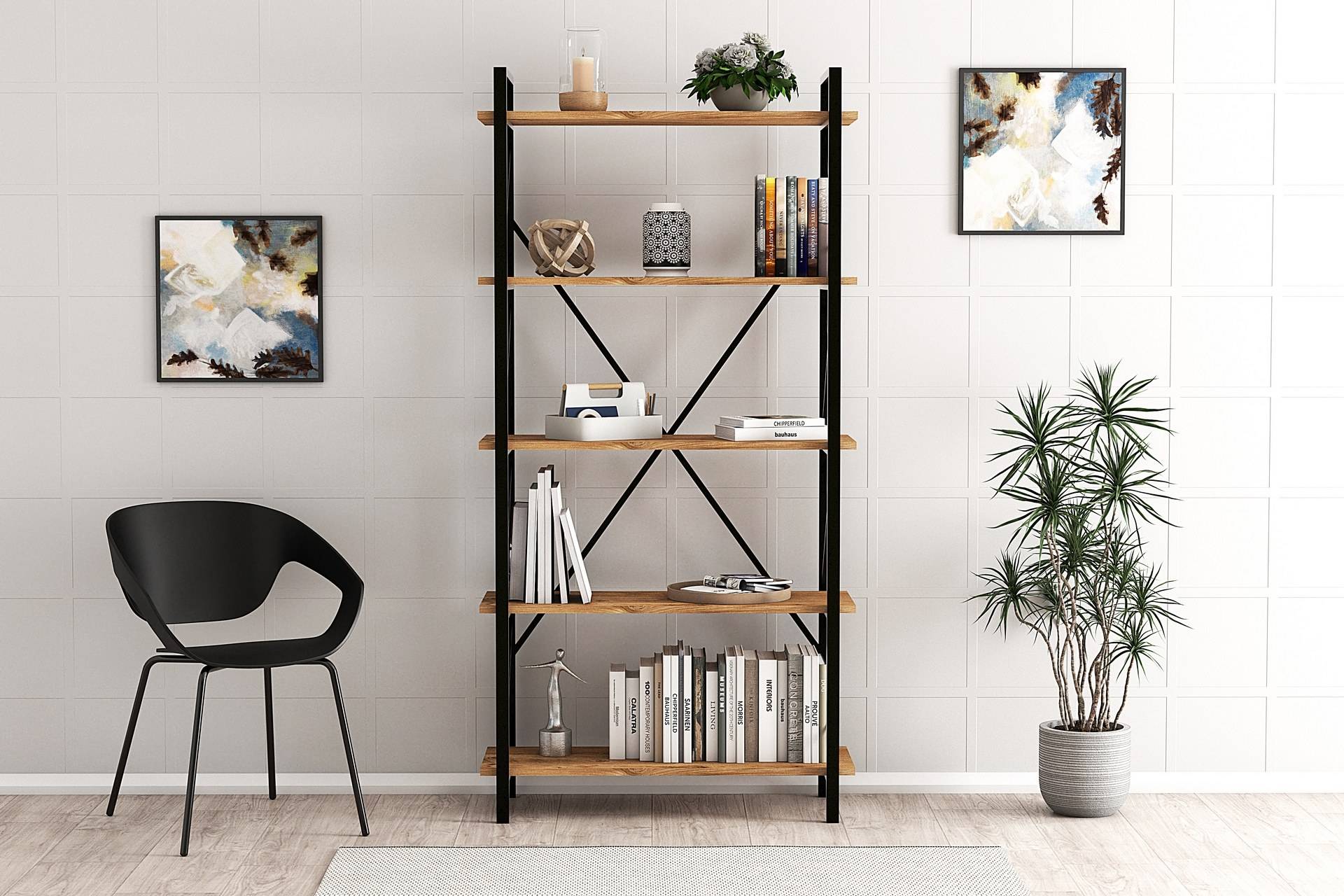 Libreria industriale Halzo L100xH150cm Metallo nero e legno chiaro