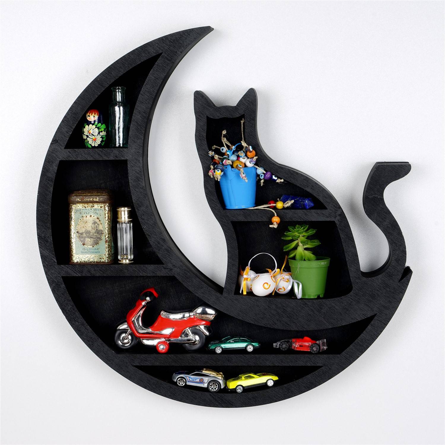 Mensola decorativa da parete Ornalio D50cm luna e gatto Legno Nero