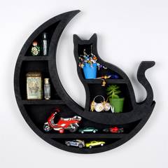 Ornalio estante decorativo de pared D50cm luna y gato Madera Negro