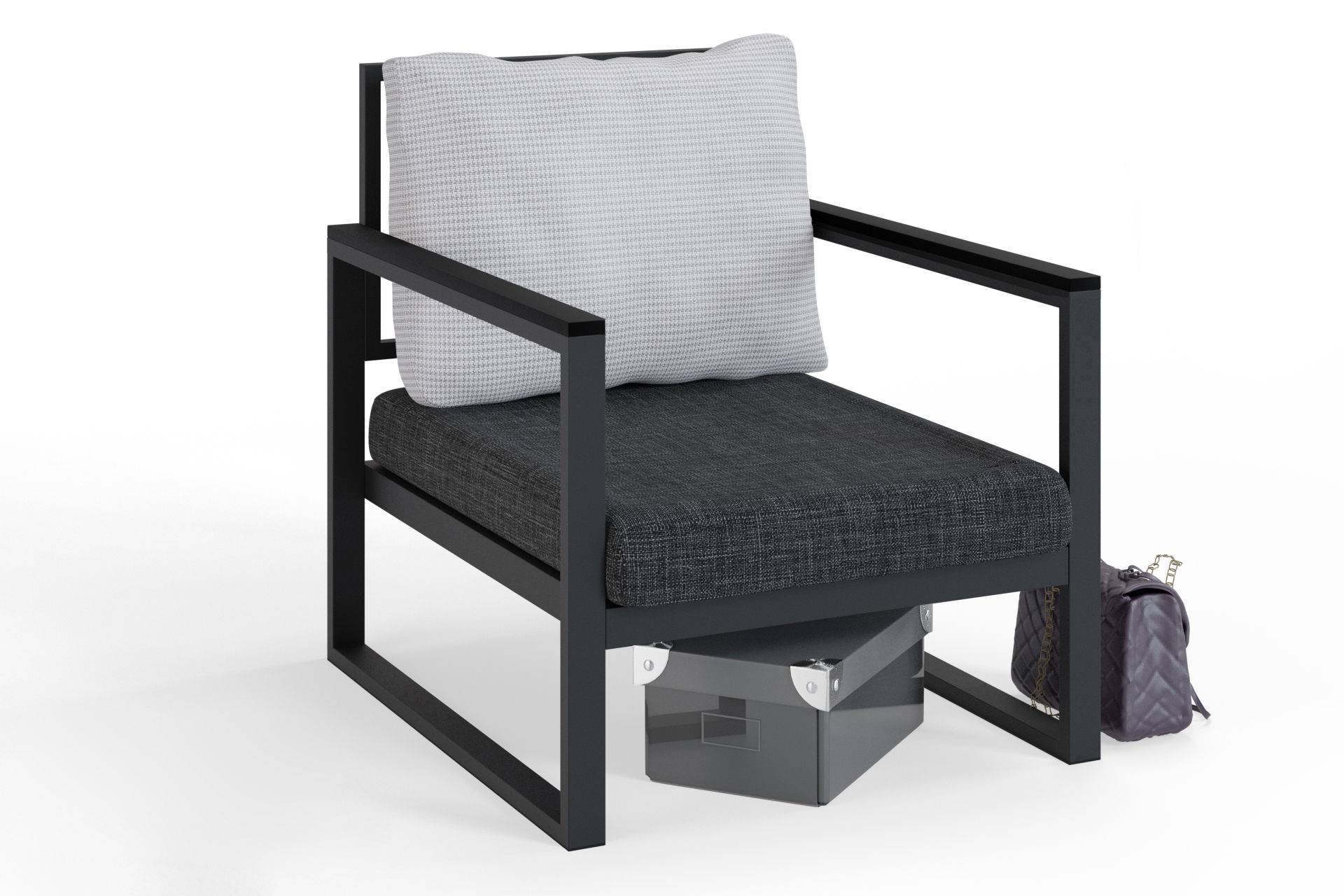 Moderner Sessel Omer Metall Schwarz und Stoff Weiß und Anthrazit