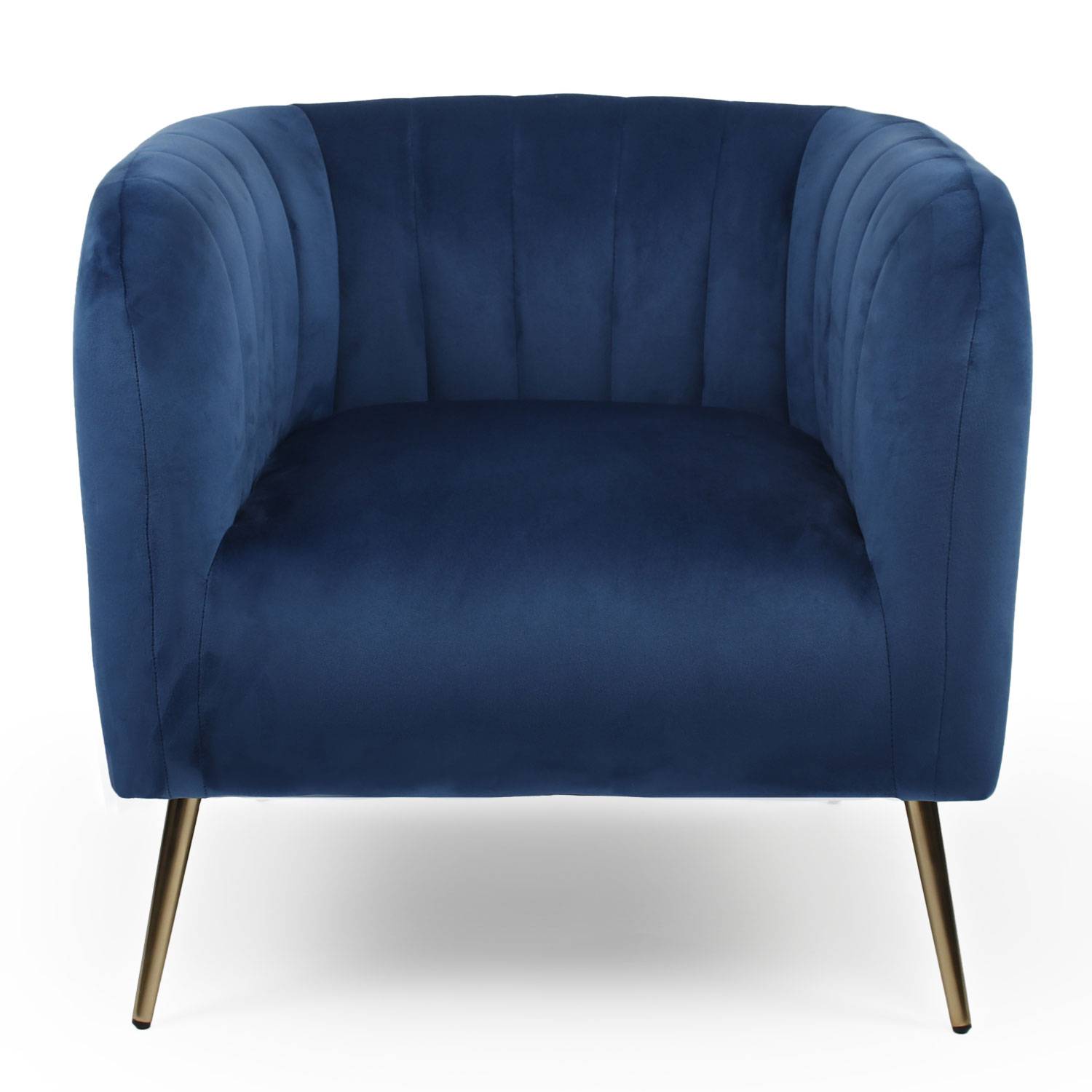 Bombaro moderne fauteuil met vergulde metalen poten en blauw fluweel