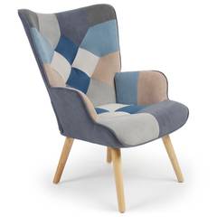 Lyliane scandinavische fauteuil met grijs en blauw fluwelen patchwork effect
