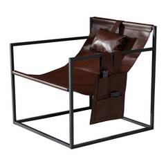 Solina fauteuil in industriële stijl van zwart metaal en bruin kunstleer