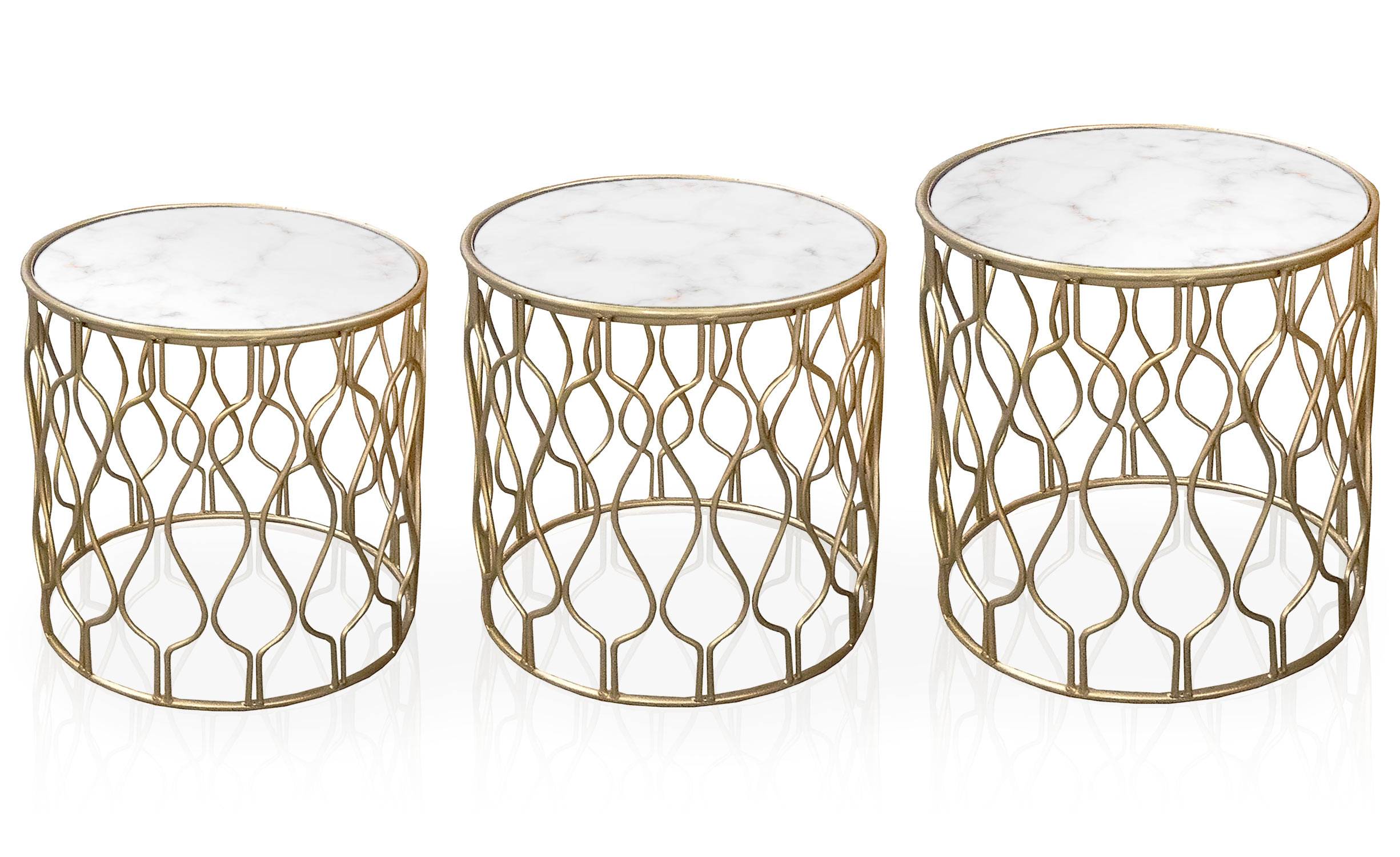 Set van 3 Florina ronde salontafels in goud metaal en wit marmer