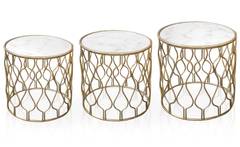 Set di 3 tavolini rotondi Florina in metallo dorato e marmo bianco