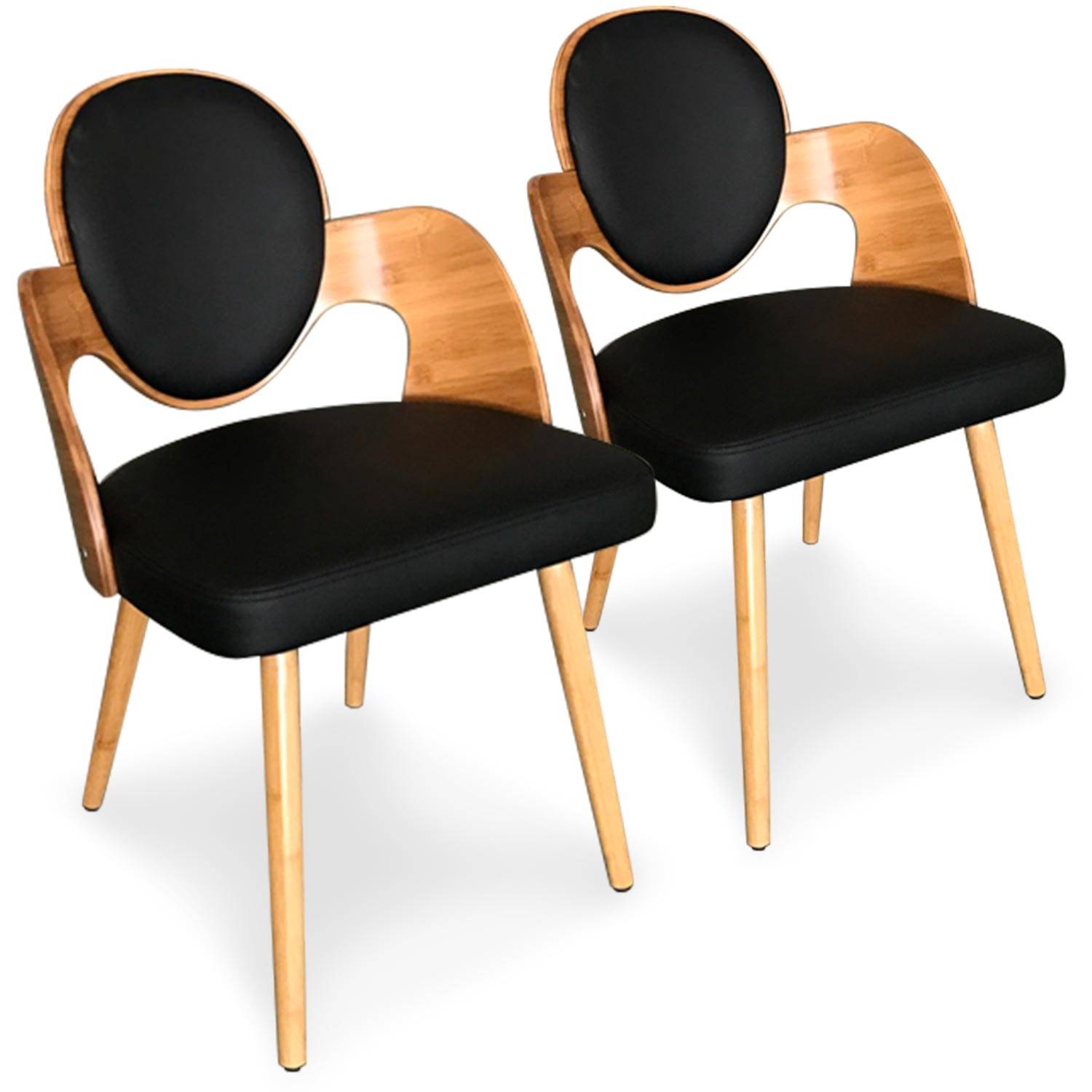 Galway Set mit 2 skandinavischen Stühlen Naturholz und Kunstlederbezug Schwarz
