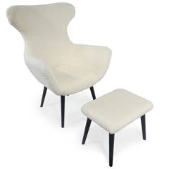 Geoplus fauteuil + Ottomaanse crèmekleurige stof met schapenvachteffect