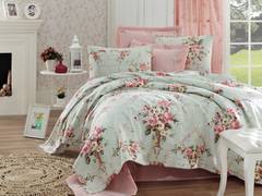 Antoinette 100 cotone 160x235cm con lenzuolo piatto 160x240cm e 1 federa 50x70cm Motivo floreale verde menta e rosa