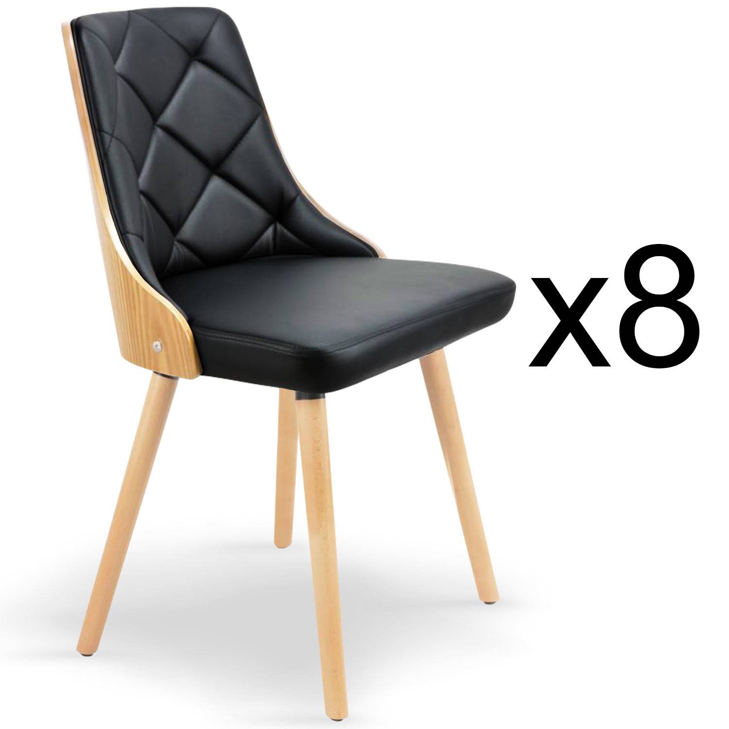 Set van 8 Lalix Scandinavische stoelen in licht eiken en zwart