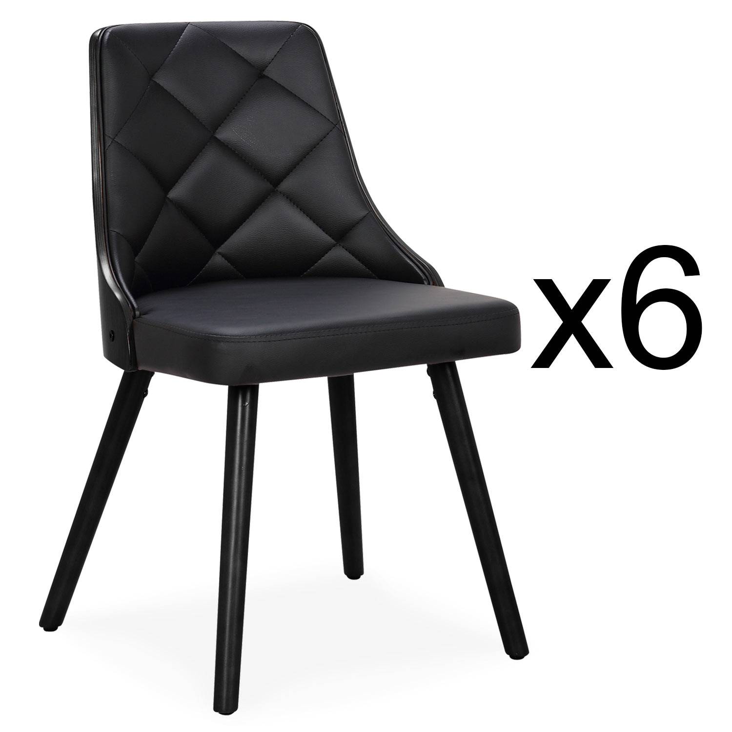 Set aus 6 skandinavischen Stühlen Lalix Schwarzes Holz und schwarzes Kunstleder
