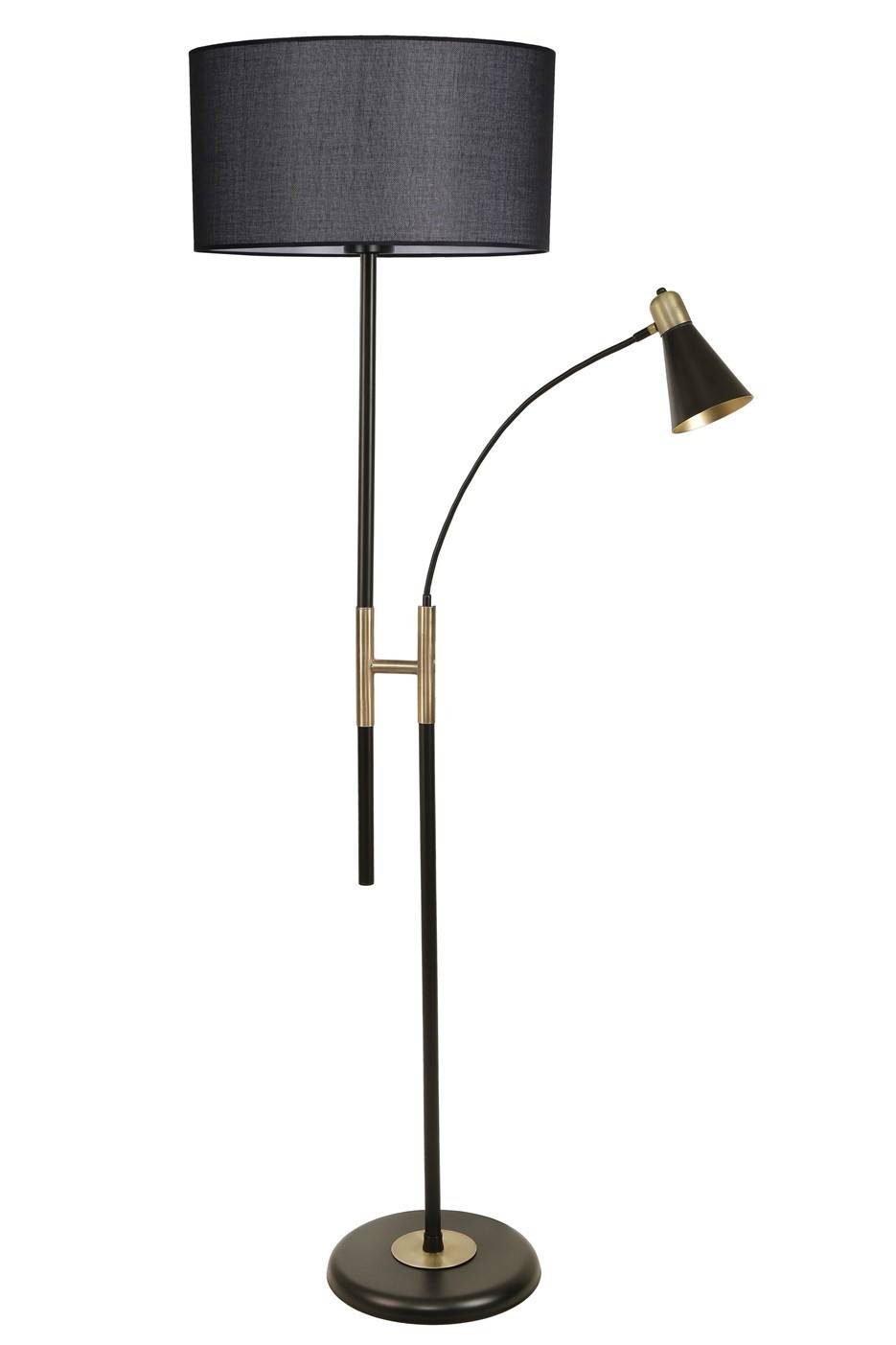 Lámpara de pie Mulsum 2 bombillas 165cm Tela negra y metal negro y dorado