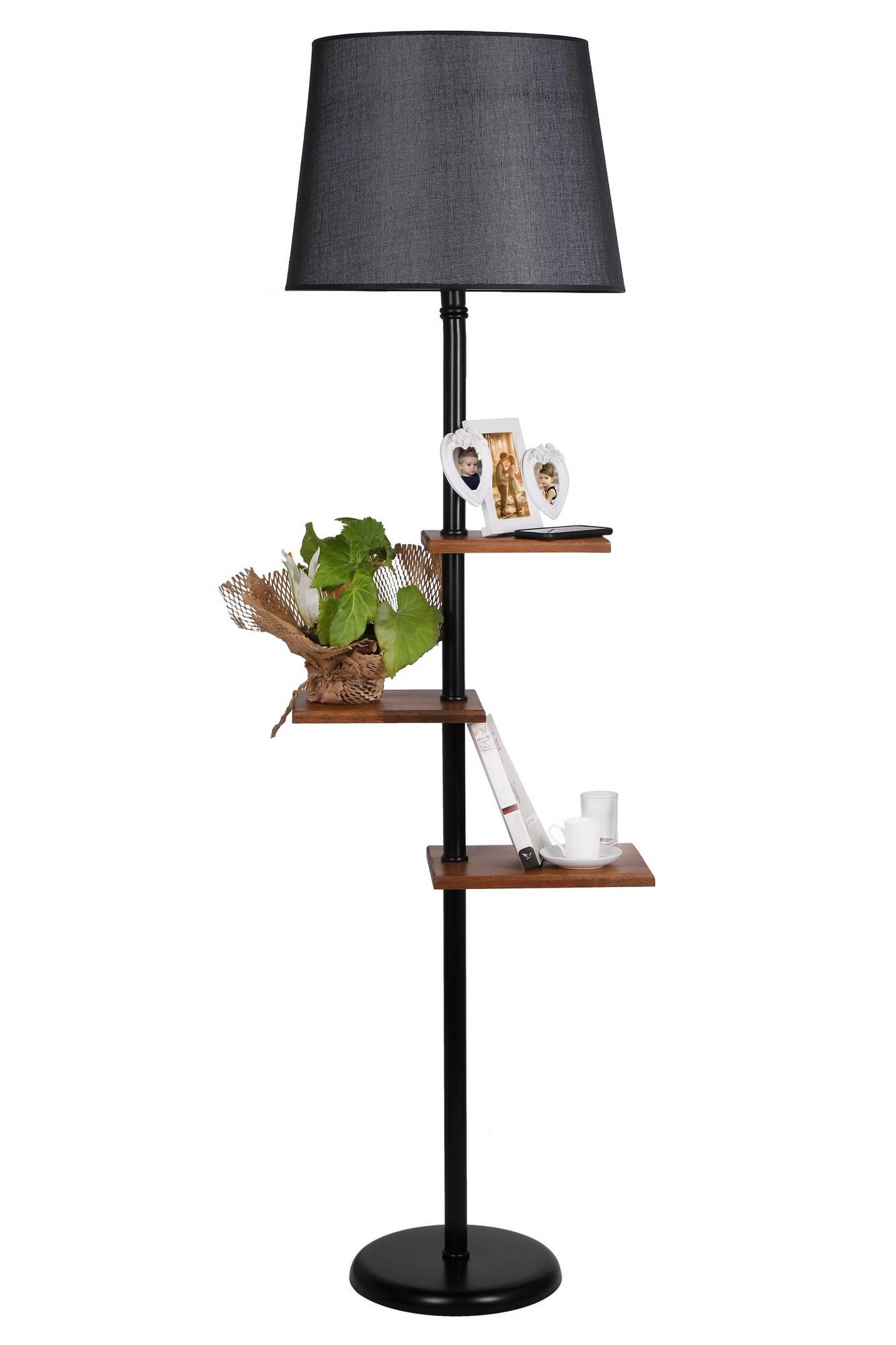 Lámpara de pie 3 estantes Astu H170cm Metal negro, madera oscura y tela negra