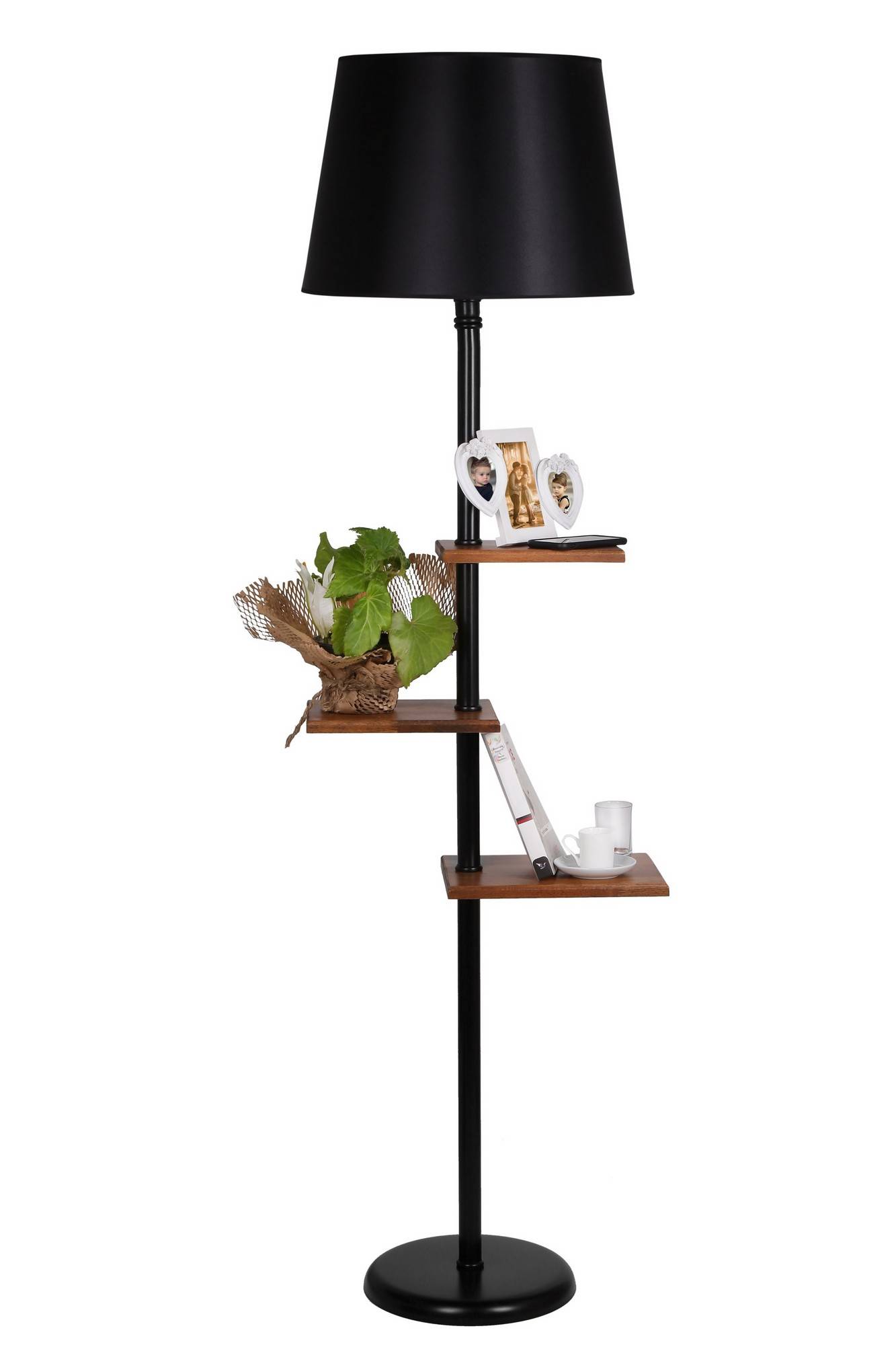 Lámpara de pie 3 estantes Astu H170cm Metal negro, madera oscura y tela negra