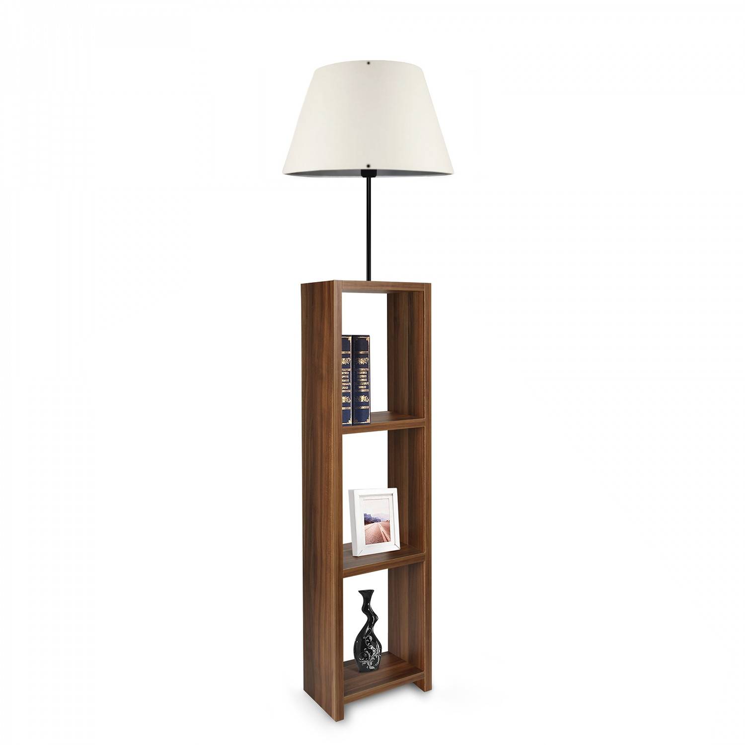 Lámpara de pie de 3 estantes Accensola Tela blanca crema y madera marrón