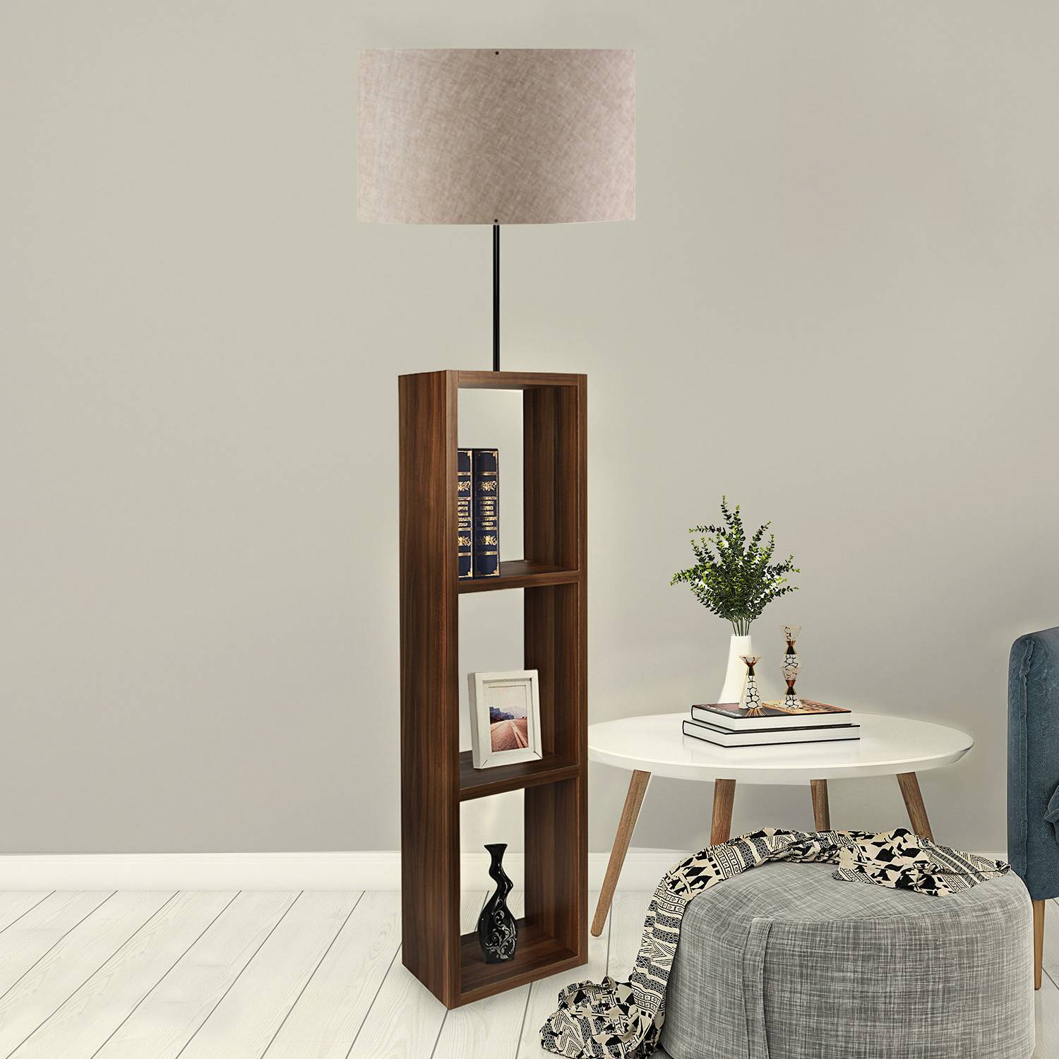 Lámpara de pie con 3 estantes Taura Tela Beige claro y madera marrón