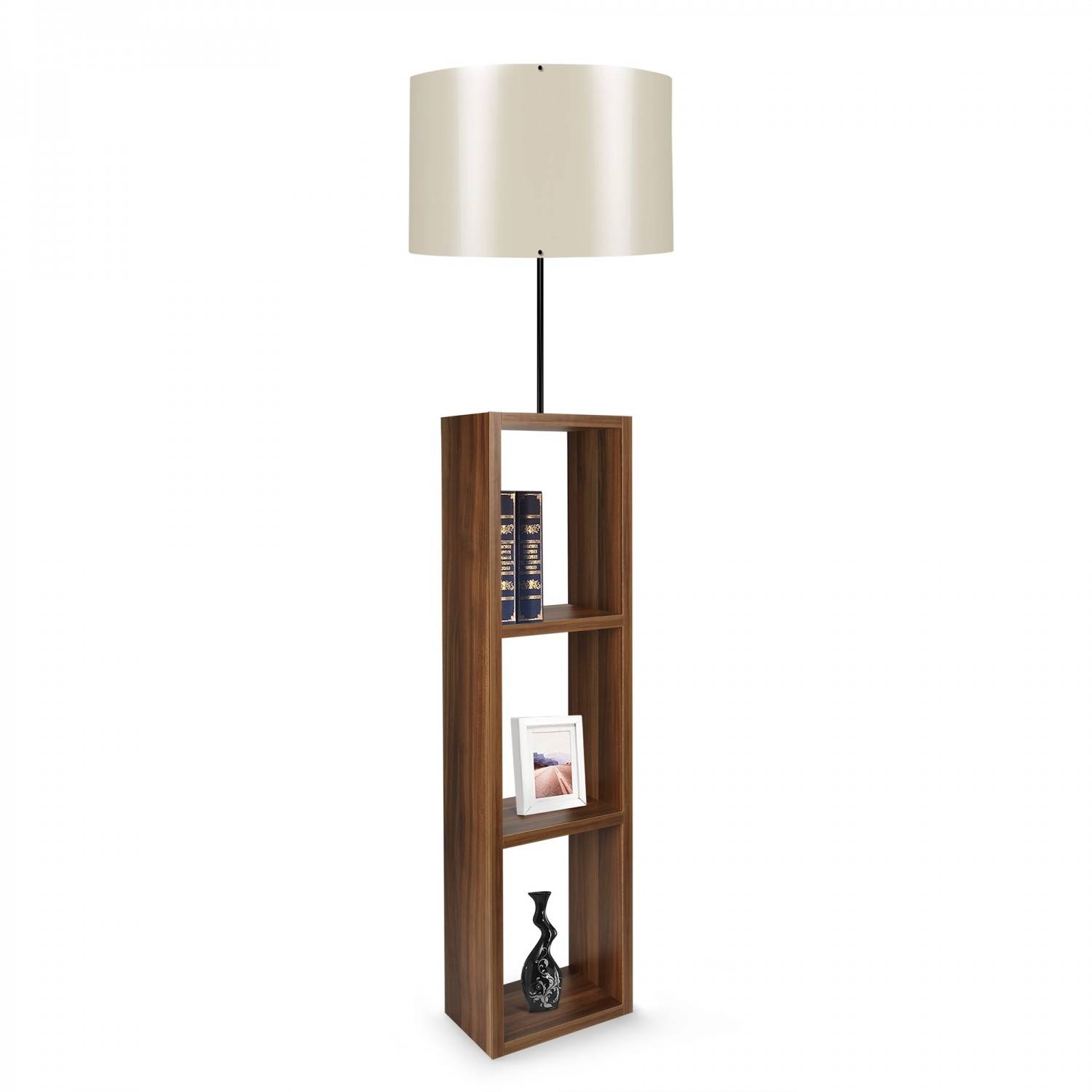 Lámpara de pie de 3 estantes Taura de tela blanca brillante y madera marrón