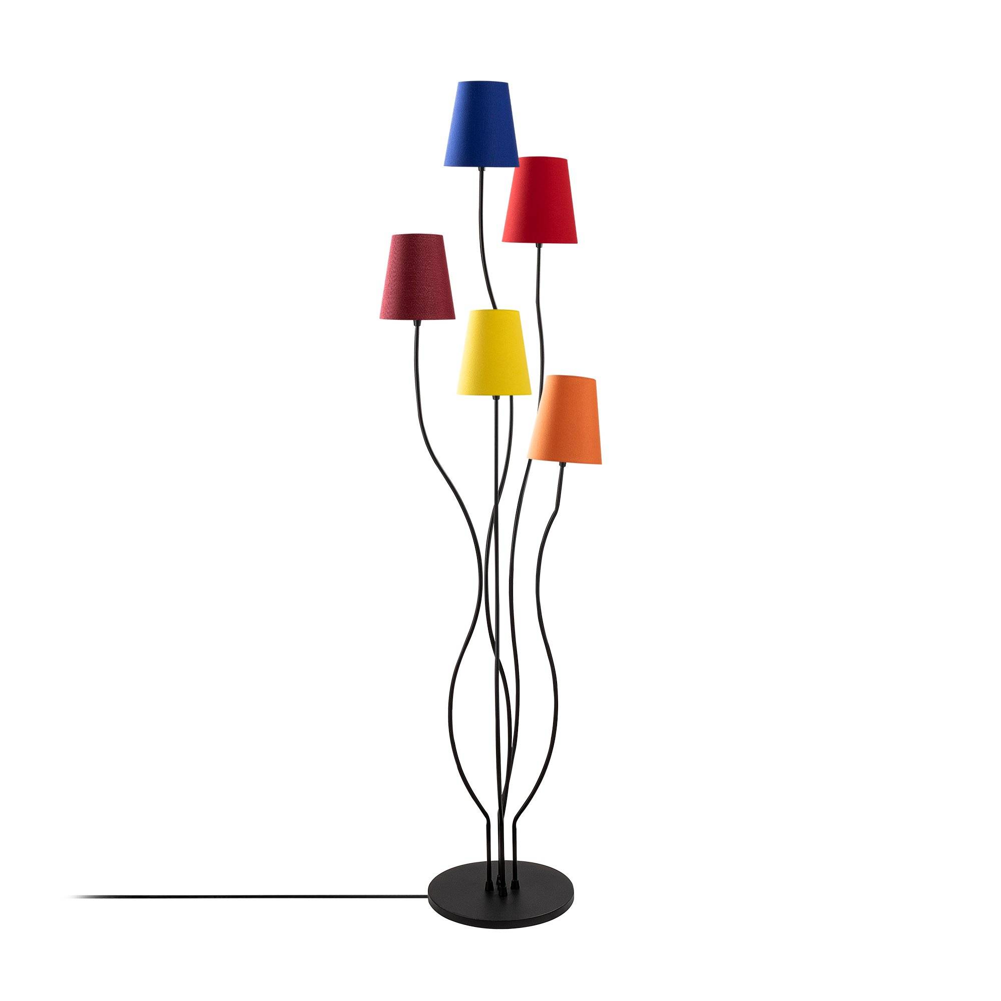 Lampadaire design 5 lampes Roselin H160cm Métal Noir et Tissu Bleu, Rouge, Jaune et Orange