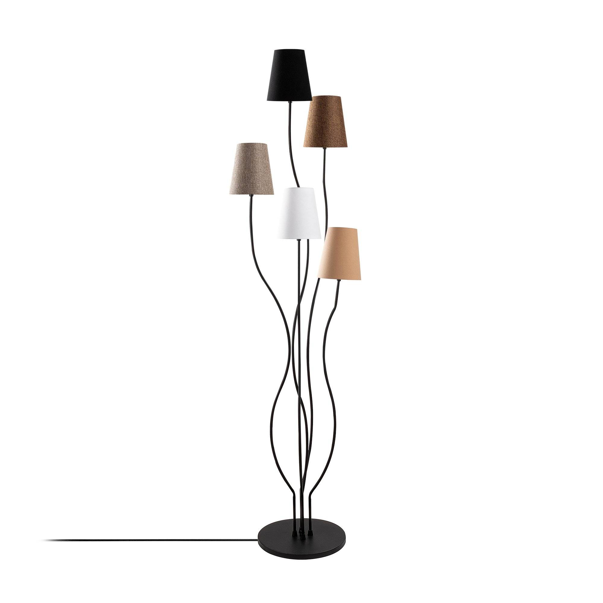 5-lamps design vloerlamp Roselin H160cm Zwart metaal en Witte, Bruine, Beige, Grijze en Zwarte stof
