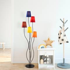 5-lamps design vloerlamp Roselin H160cm Zwart metaal en Blauwe, Rode, Gele en Oranje stof