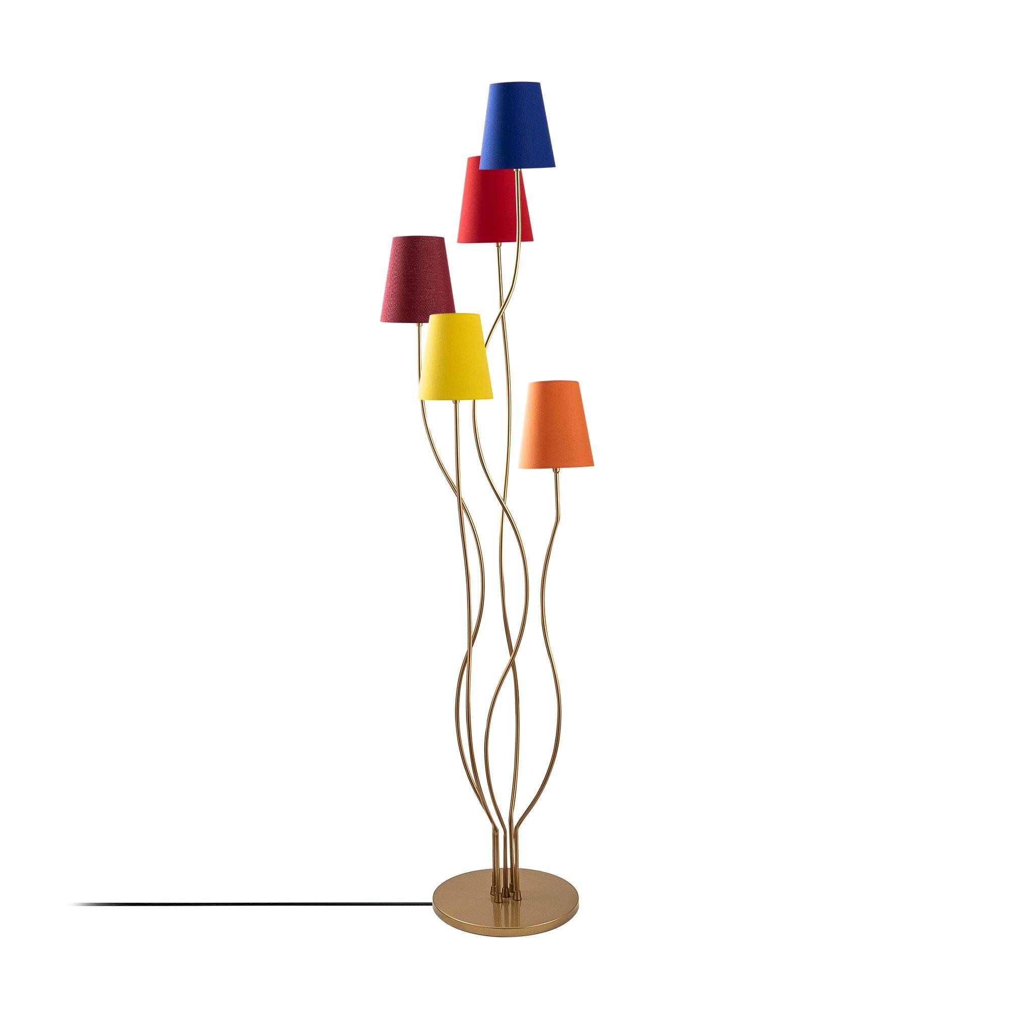 Design Stehleuchte 5 Lampen Roselin H160cm Metall Gold und Stoff Blau, Rot, Gelb und Orange