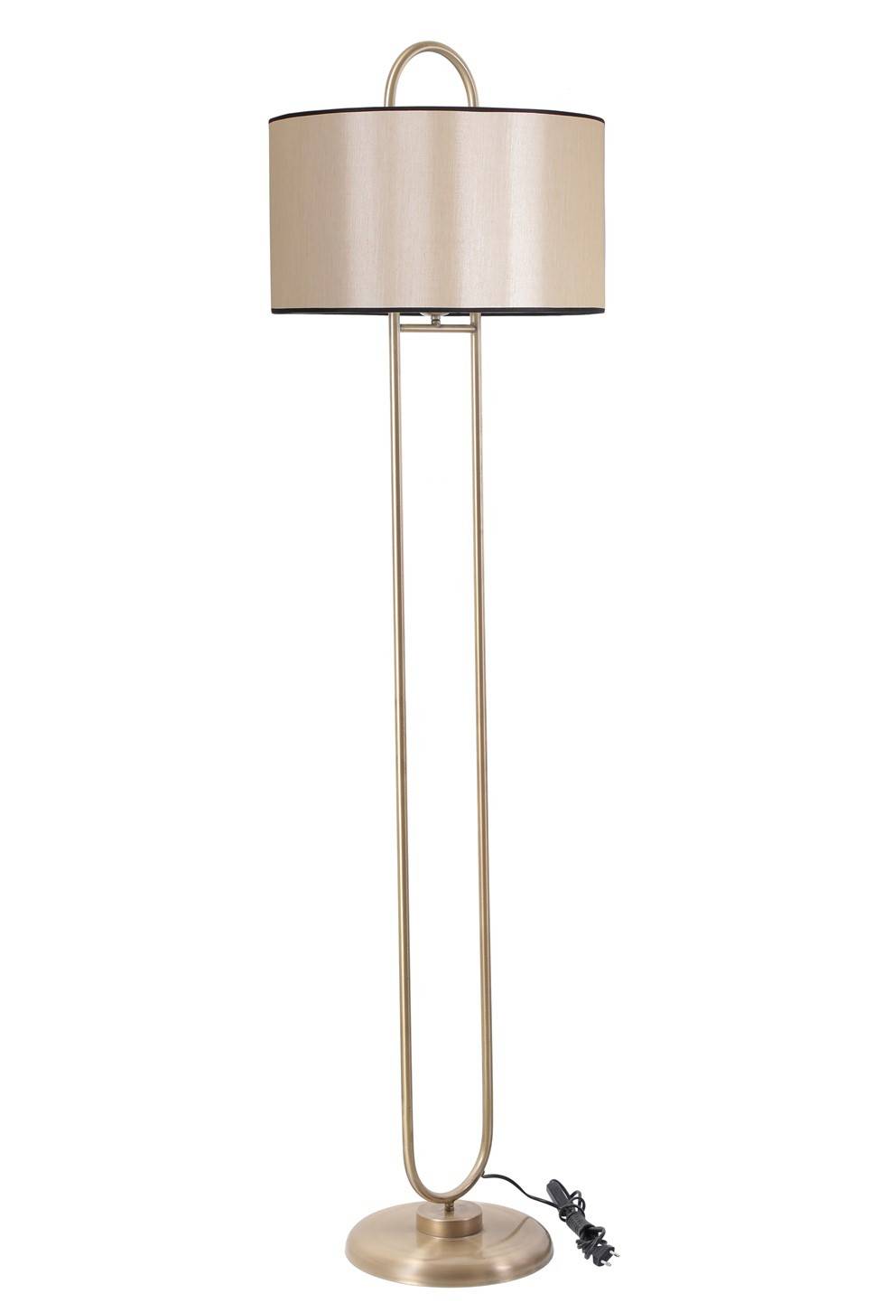 Lámpara de pie elíptica Ovalis 170cm Tela beige brillante y metal dorado