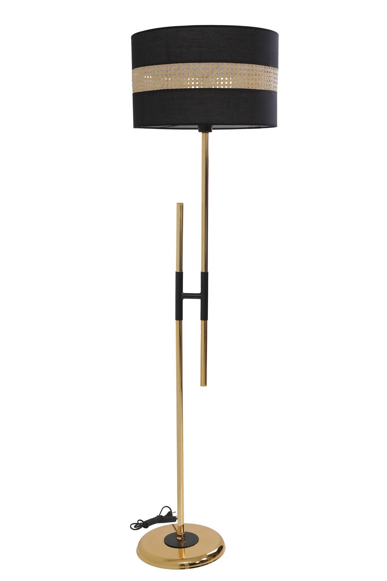 Zorax H-vormige vloerlamp H165cm Beige rieten en zwarte stof en goud en zwart metaal