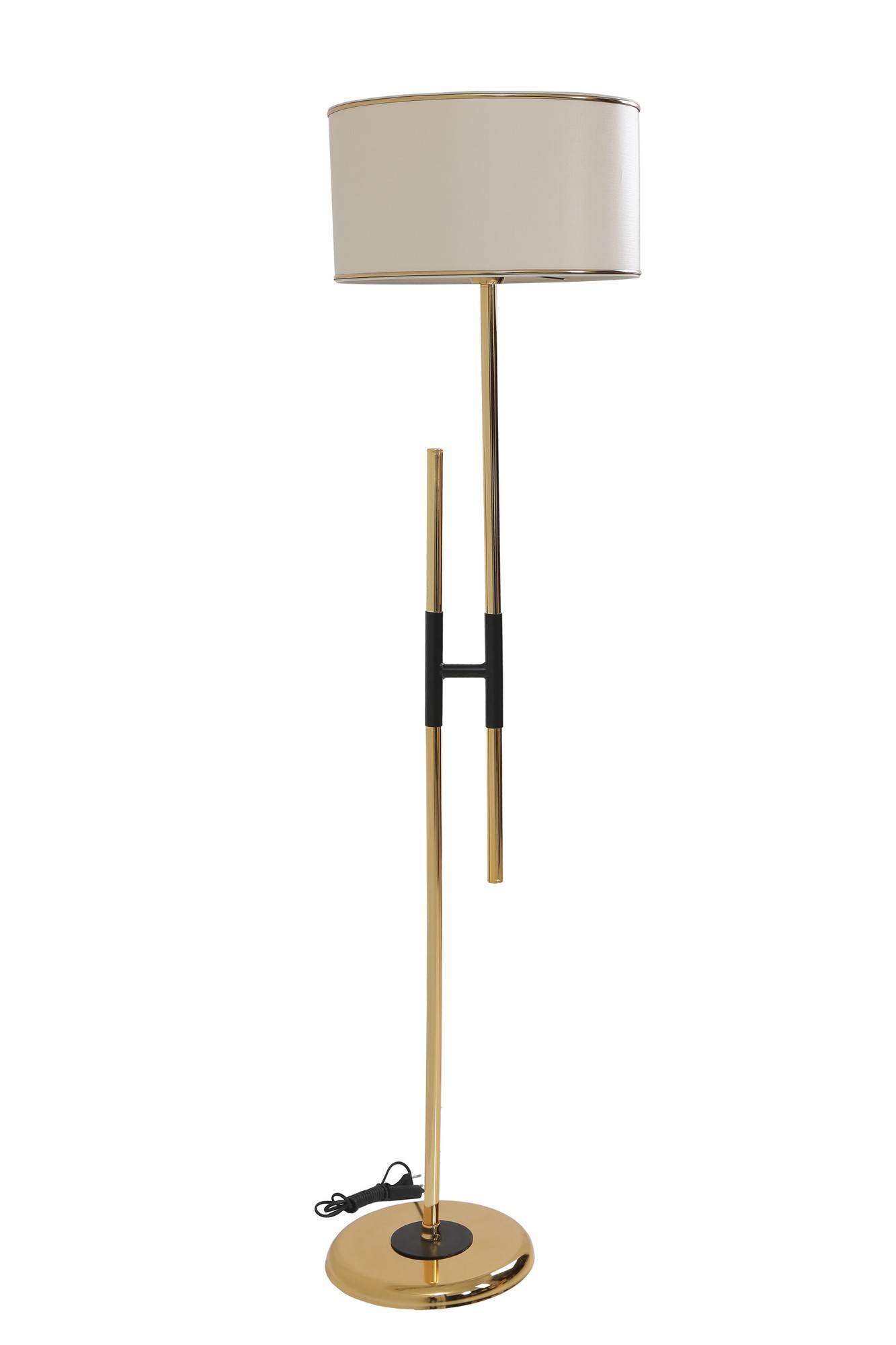 Lámpara de pie en forma de H Zorax H165cm Tejido blanco cremoso y metal dorado y negro