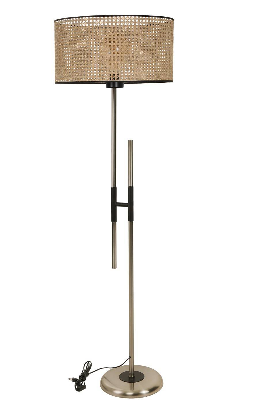 Lámpara de pie en forma de H Zorax H165cm Tejido de caña beige y metal negro y bronce