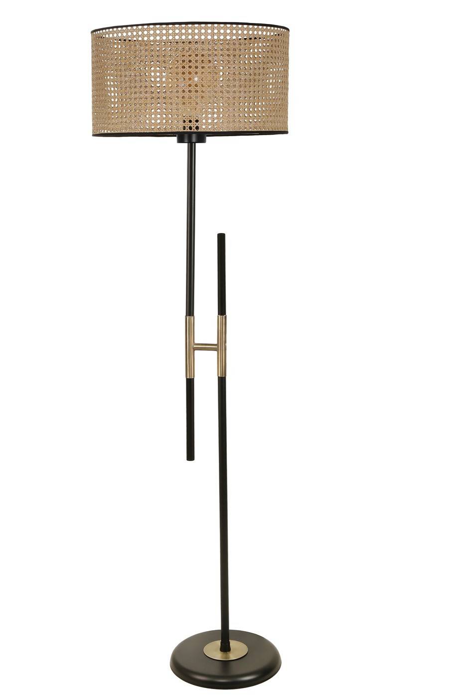 Lámpara de pie en forma de H Zorax H165cm Tejido de caña beige y metal dorado y negro