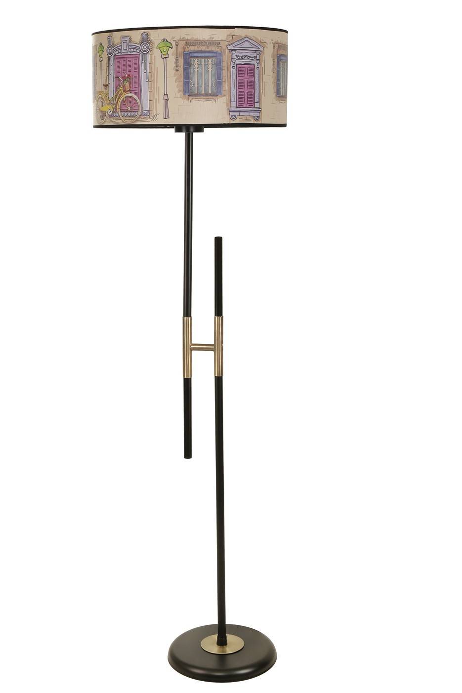 Zorax H-vormige vloerlamp H165cm Straatpatroon stof en goud en zwart metaal