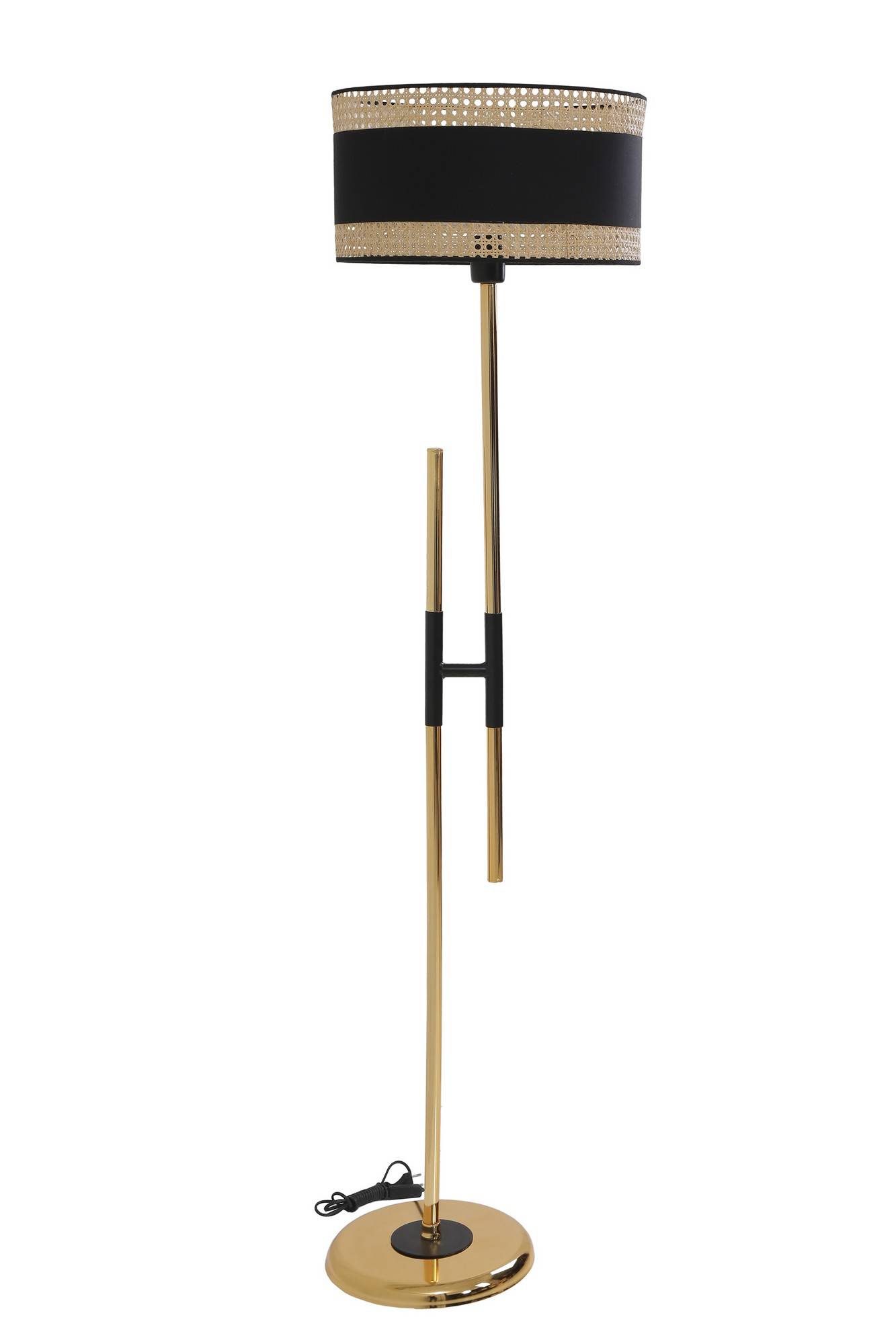 Lámpara de pie en forma de H Tympanum H165cm Tela negra y mimbre beige y metal dorado y negro