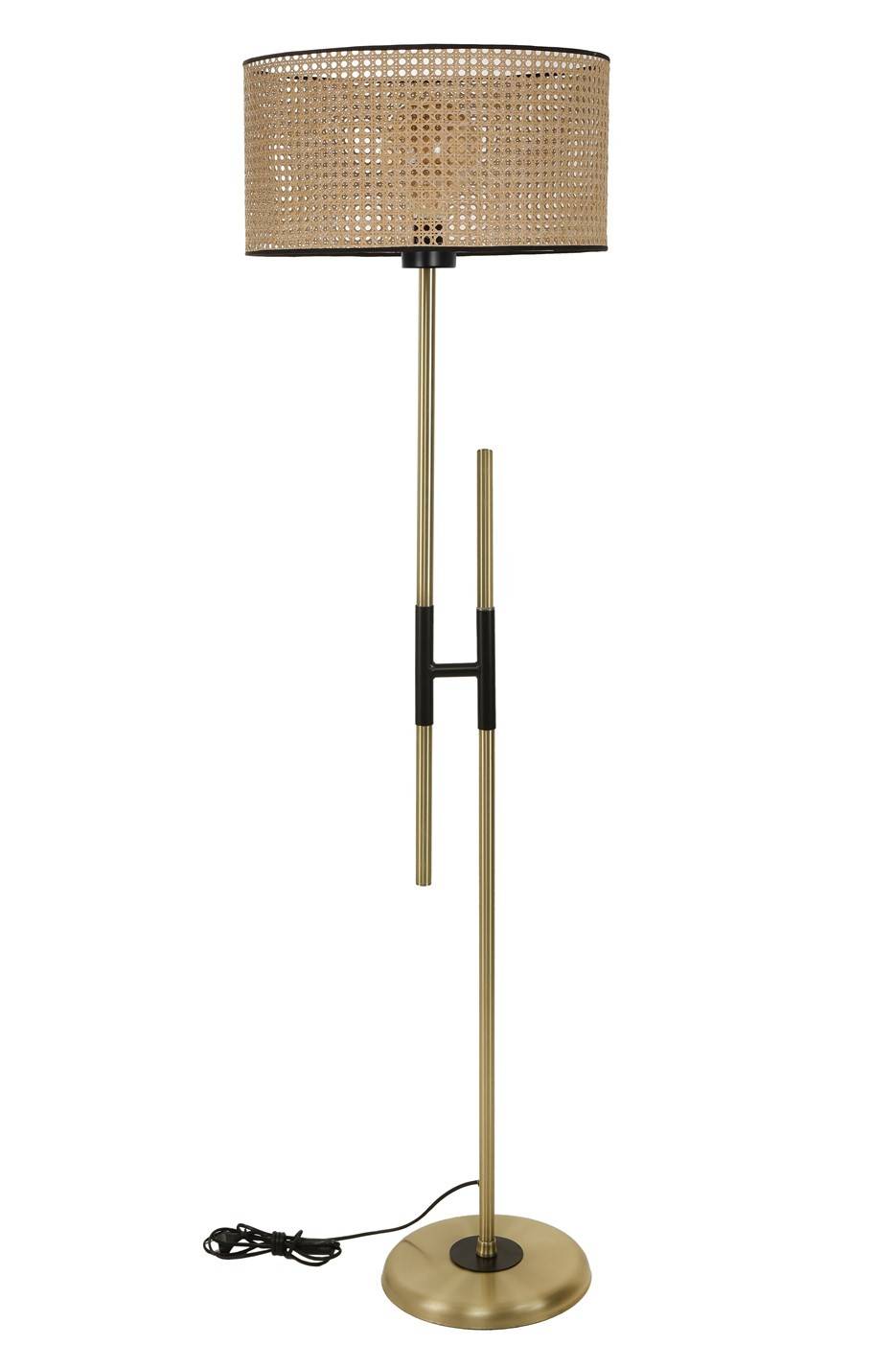 Tympanuma Lámpara de pie en forma de H 165cm Tejido de mimbre de caña y metal Negro y Oro