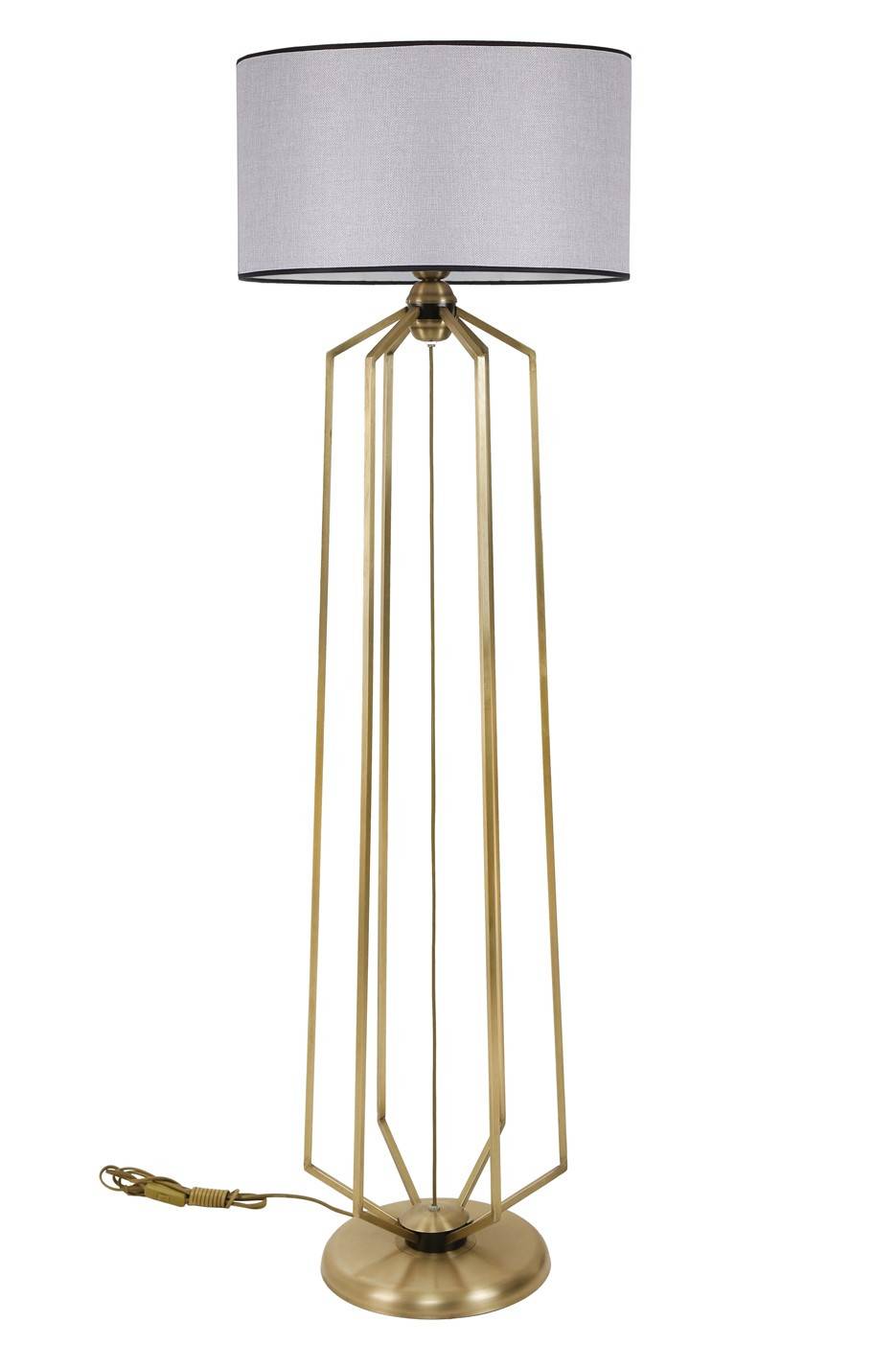 Staande lamp met geometrische draadvoet Tympanum cilinderkap H153 cm Metaal Stof Goud Lichtgrijs