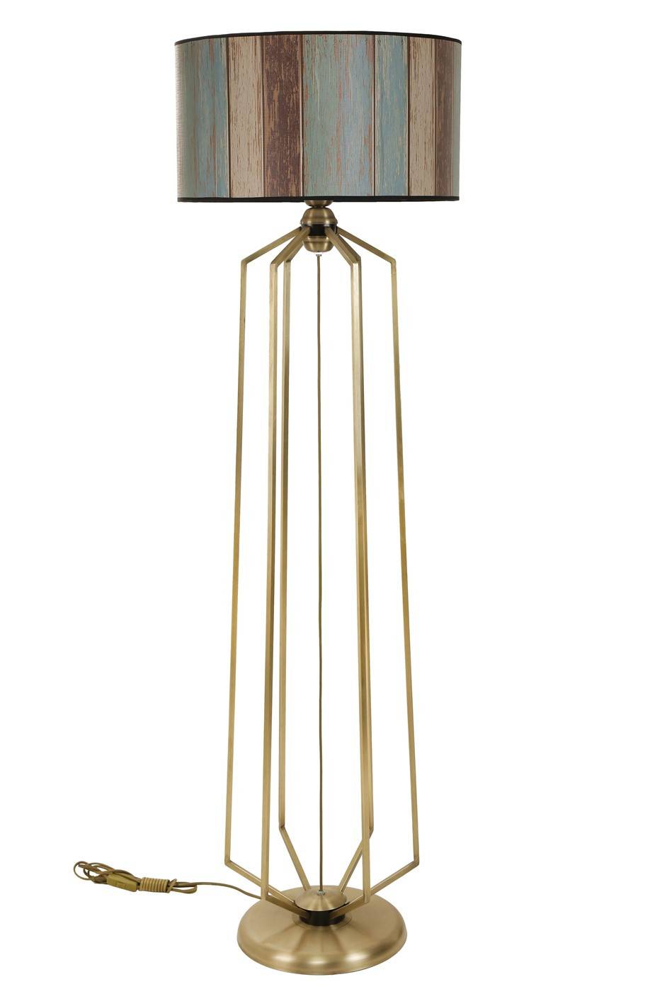 Extrabus Kabelgebundene Stehlampe H153cm Mehrfarbiger Stoff mit Lambis-Muster und goldfarbenes Metall