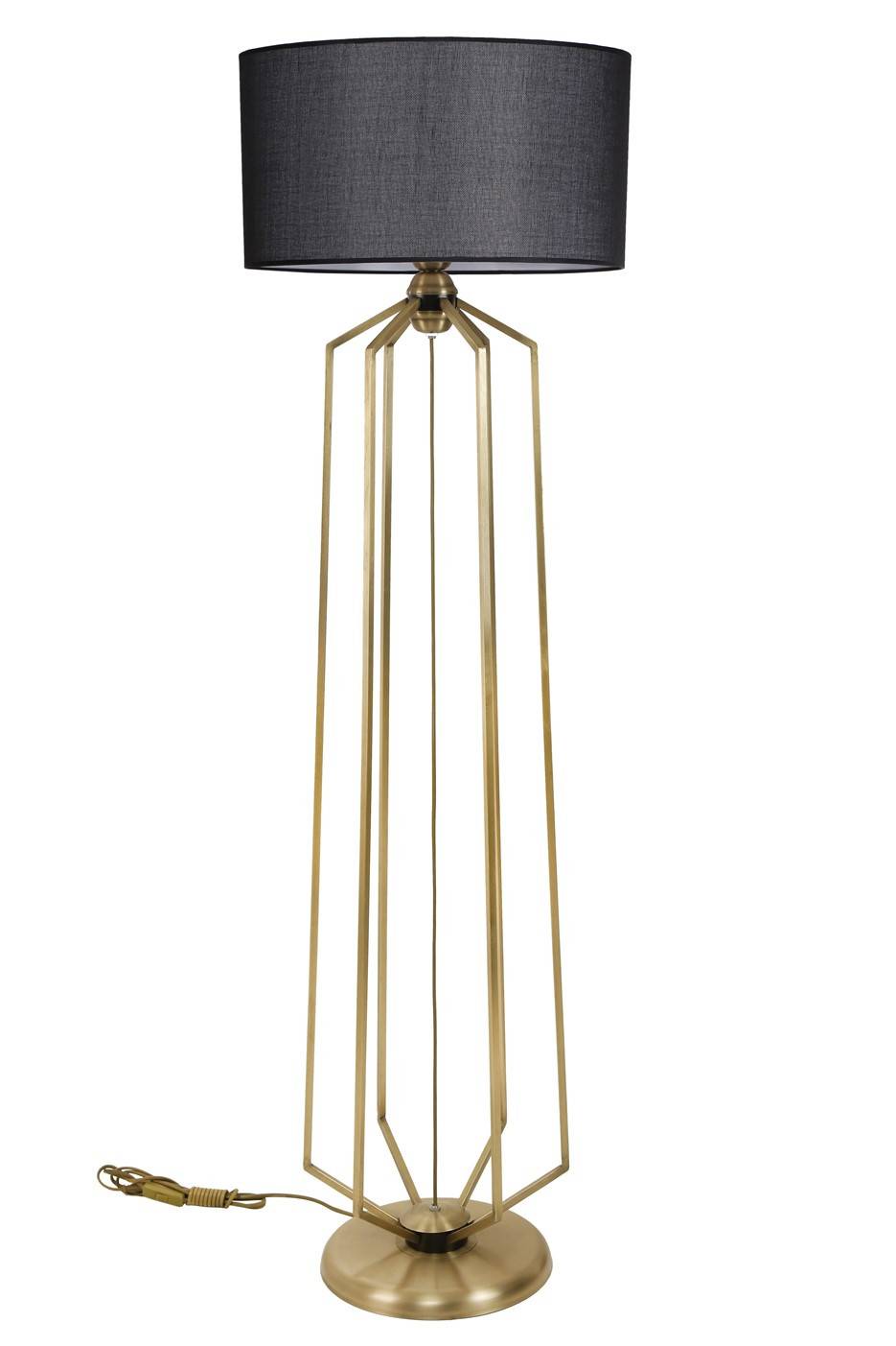 Staande lamp met geometrische draadvoet en cilindervormige kap Tympanum H153 cm Metaal Stof Goud Zwart