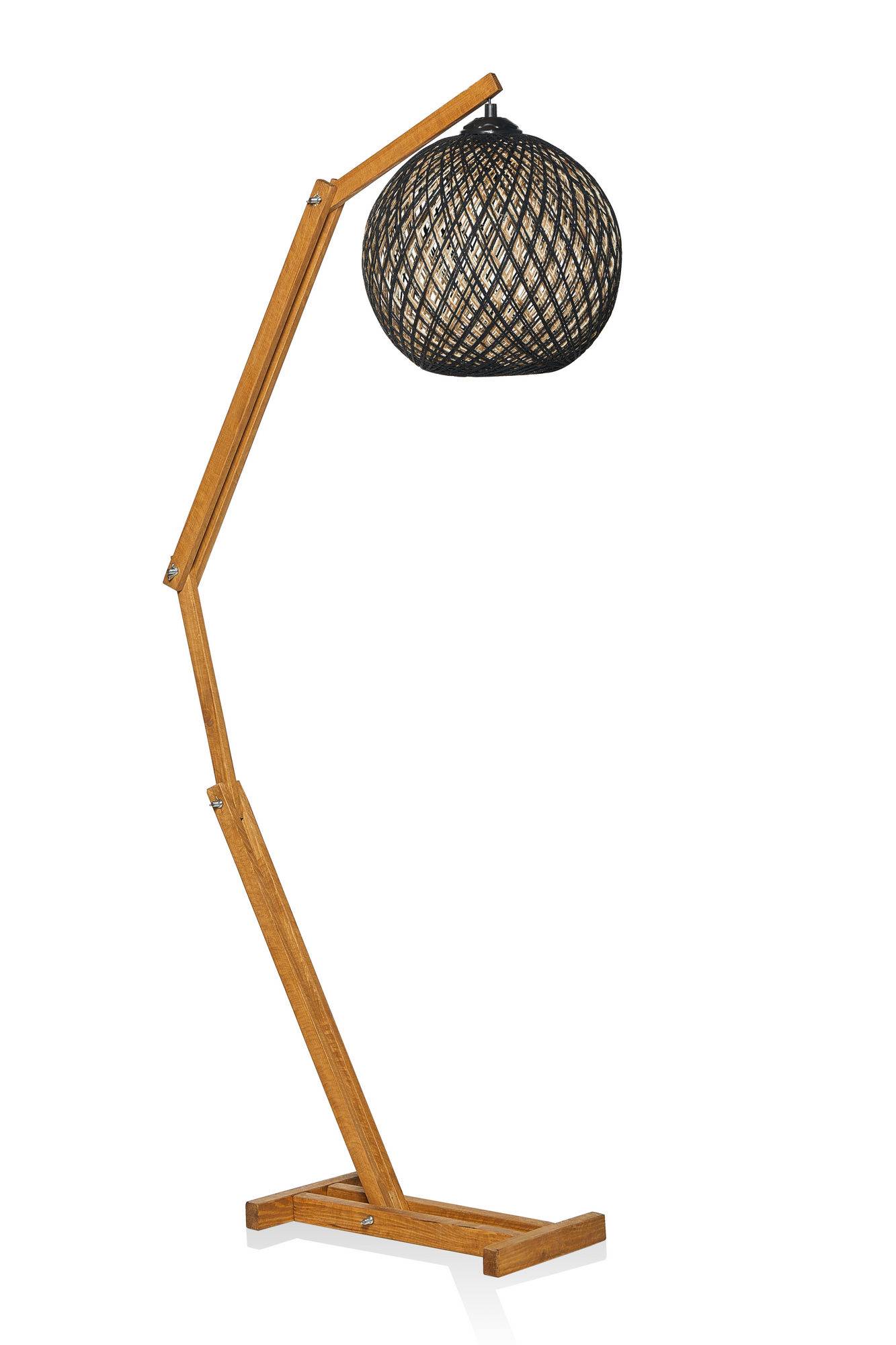 Verstellbare Stehlampe Zirto H140cm Braune massive Kiefer und beige Jute