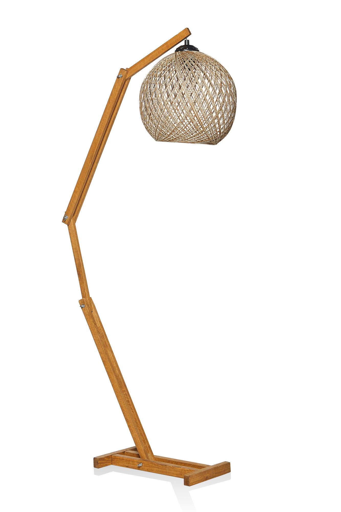 Verstellbare Stehlampe Zirto H140cm Braune massive Kiefer und natürliche Jute