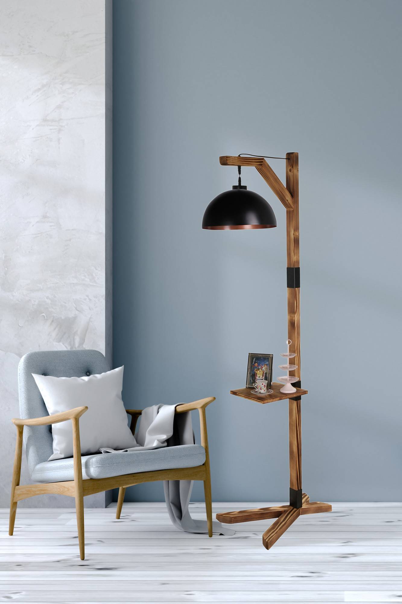 Lampe industrielle, lampadaire salon bois, lampe sur pied design