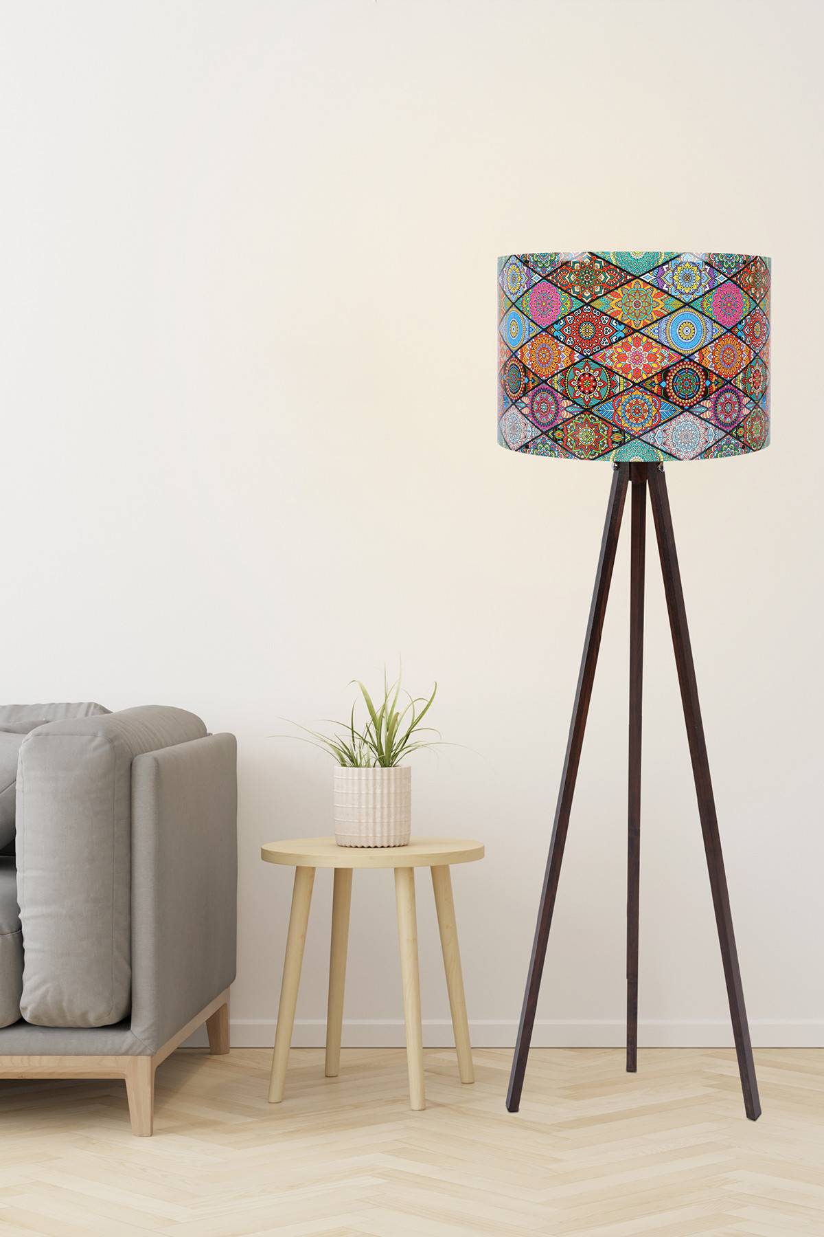 Lámpara de pie trípode con pantalla de mosaico mandala Luce Ø38 x H145 cm MDF Polipropileno Nogal Multicolor
