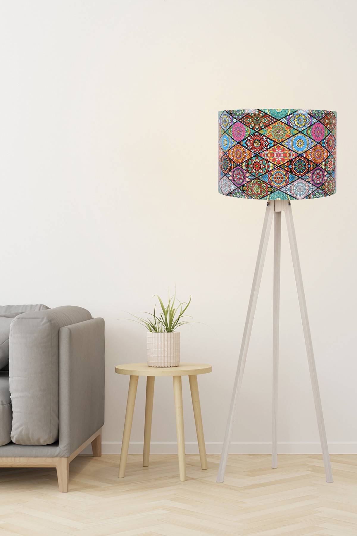 Lámpara de pie trípode con pantalla de mosaico mandala Luce Ø38 x H145 cm MDF Polipropileno Crema Multicolor