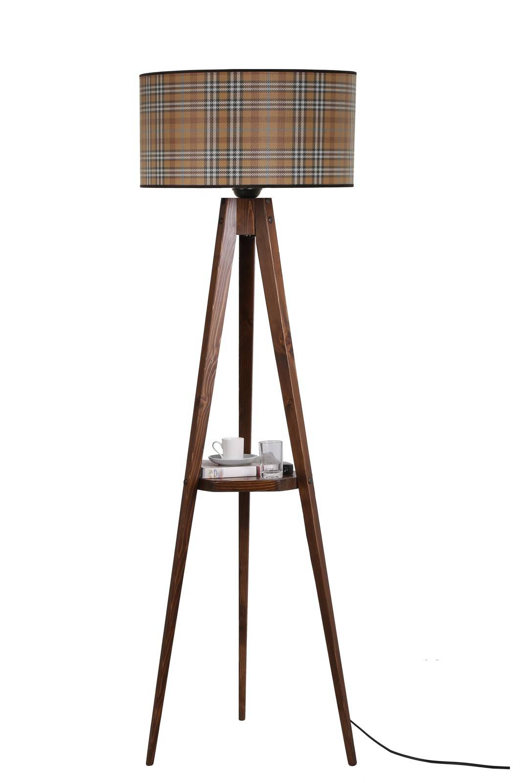 Lámpara de cabecera con estante poligonal y pantalla de tweed Iunctura H165 cm Madera Tejido Nogal Multicolor