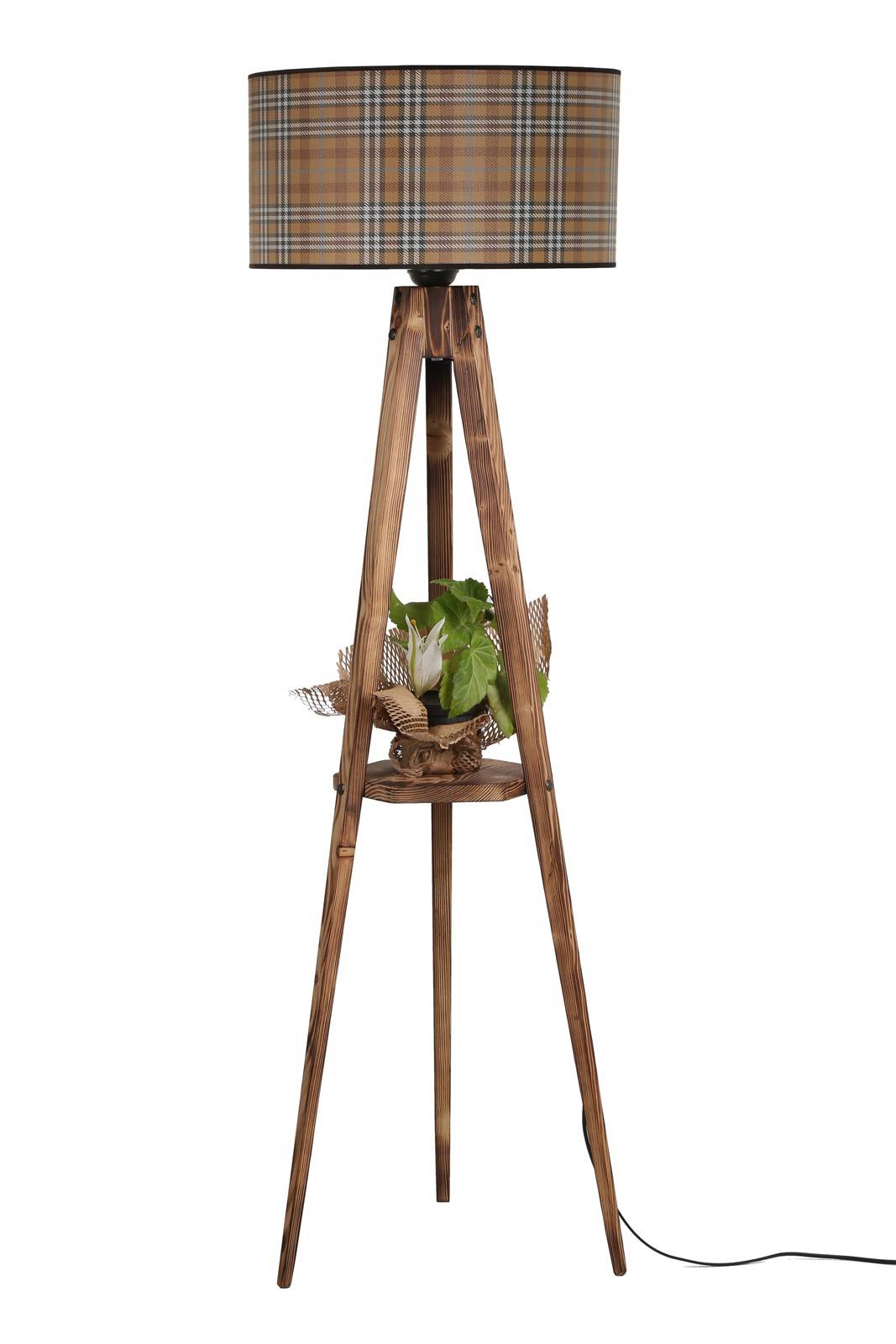 Lámpara de cabecera con estante poligonal y pantalla de tweed Iunctura H165 cm Madera Tejido Marrón Multicolor