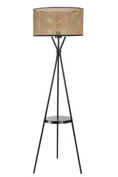 Lámpara de cabecera trípode redondo estante pantalla cilíndrica Treis H158 cm Metal Caning Black Wicker 
