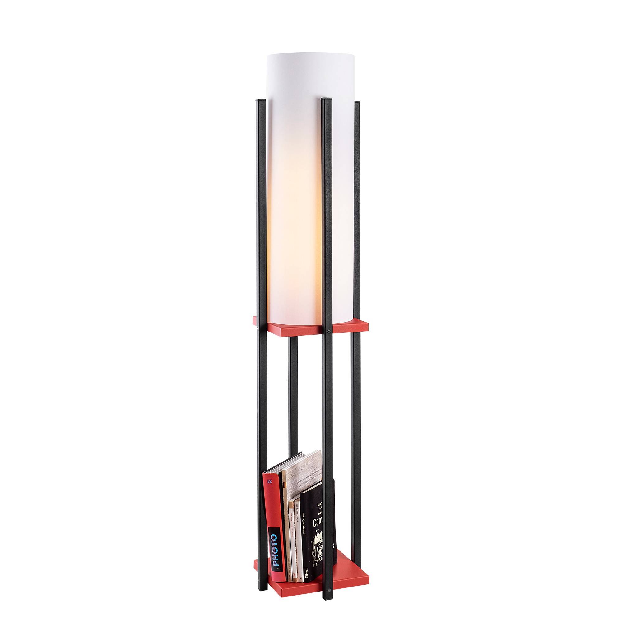 Stehlampe Ulkody 130 cm Schwarzes und rotes Metall und weißer Stoff