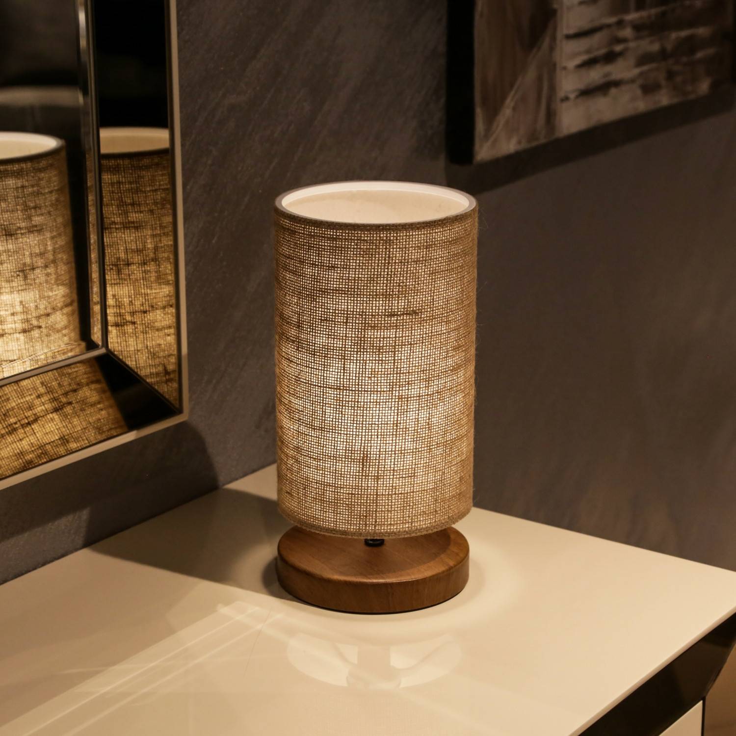 Rotin Lumière de Nuit, Lampe de table en bois avec abat-jour tissé à la  main