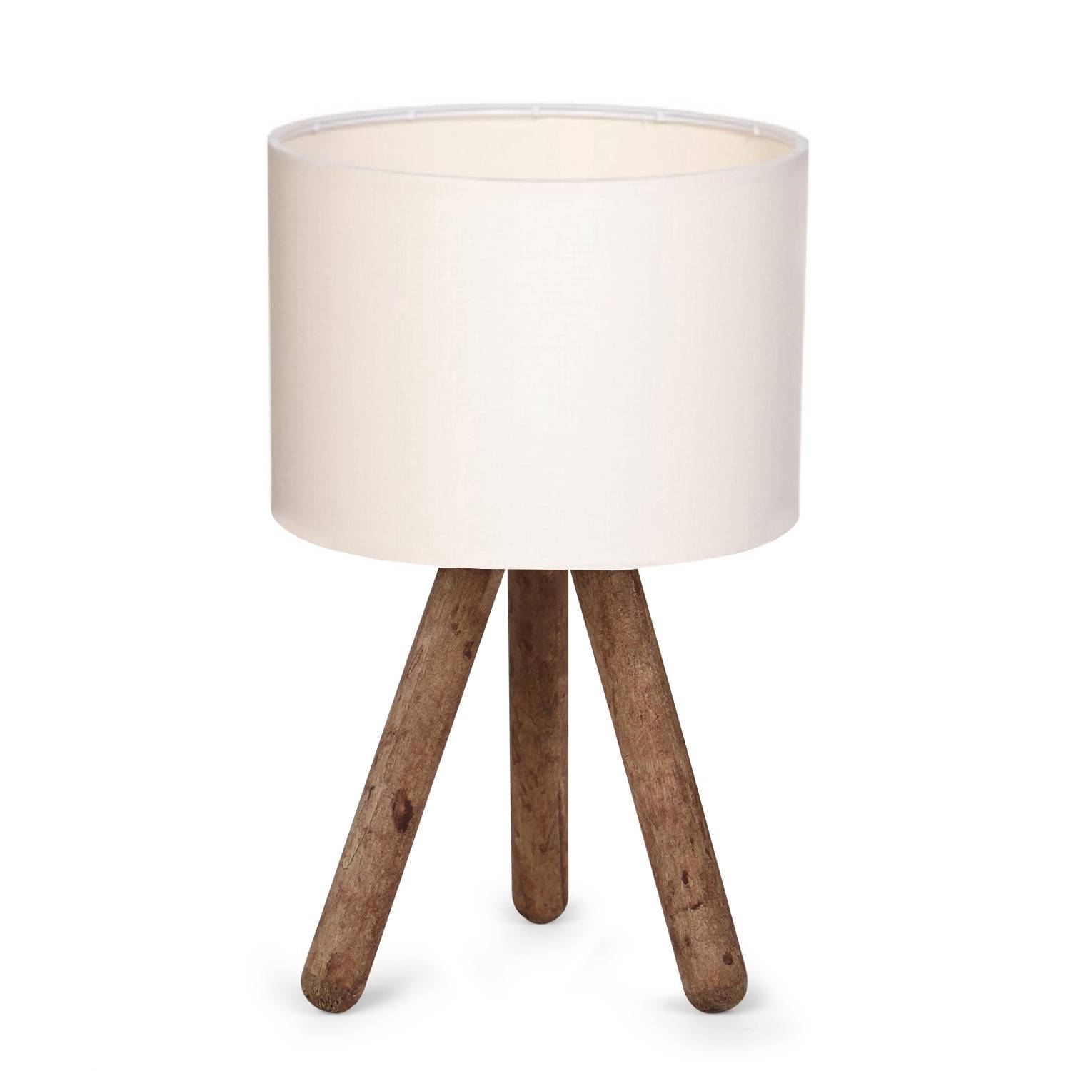 Lampada da tavolo in legno Zelroy con treppiede scandinavo e paralume bianco