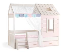 Hüttenbett mit Stauraum für Kinder im Stil des Hauses Nandon 90x190cm Helle Eiche und Rosa