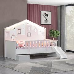 Kinderbett mit Rutsche Oriz 90x190cm Motiv Stadt Rosa und Weiß