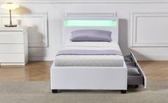Solaro LED Einzelbett mit integrierten Schubladen und Untergestell 90x190cm Kunstlederbezug Weiß